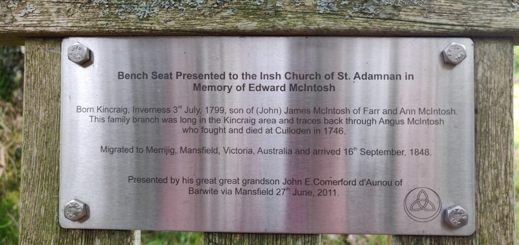 Plaque on bench dedicated to Insh Church of St Adamnan in memory of Edward McIntosh