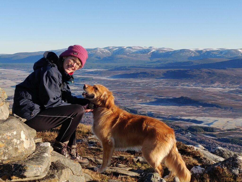 Photo of Merryn Glover with the Cairngorms in the background, from the Monadhliaths - Credit: Alistair Appleby