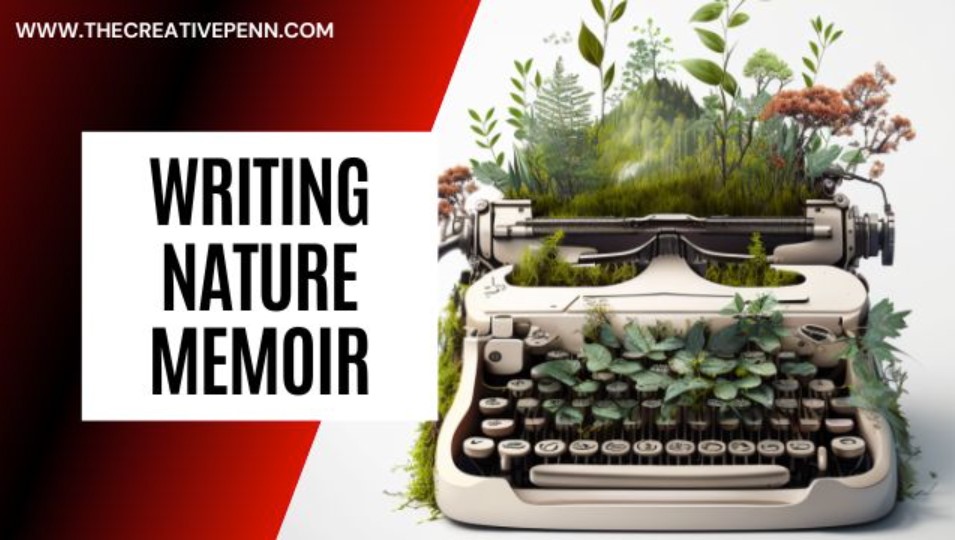 Cover image from The Creative Penn Podacast episode on Writing Nature Memoir. Shows typewriter with plants growing out of it.