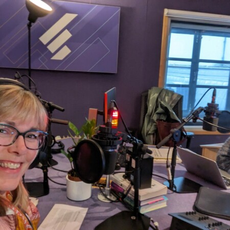 Merryn Glover in BBC recording studio with presenter Kate Molleson