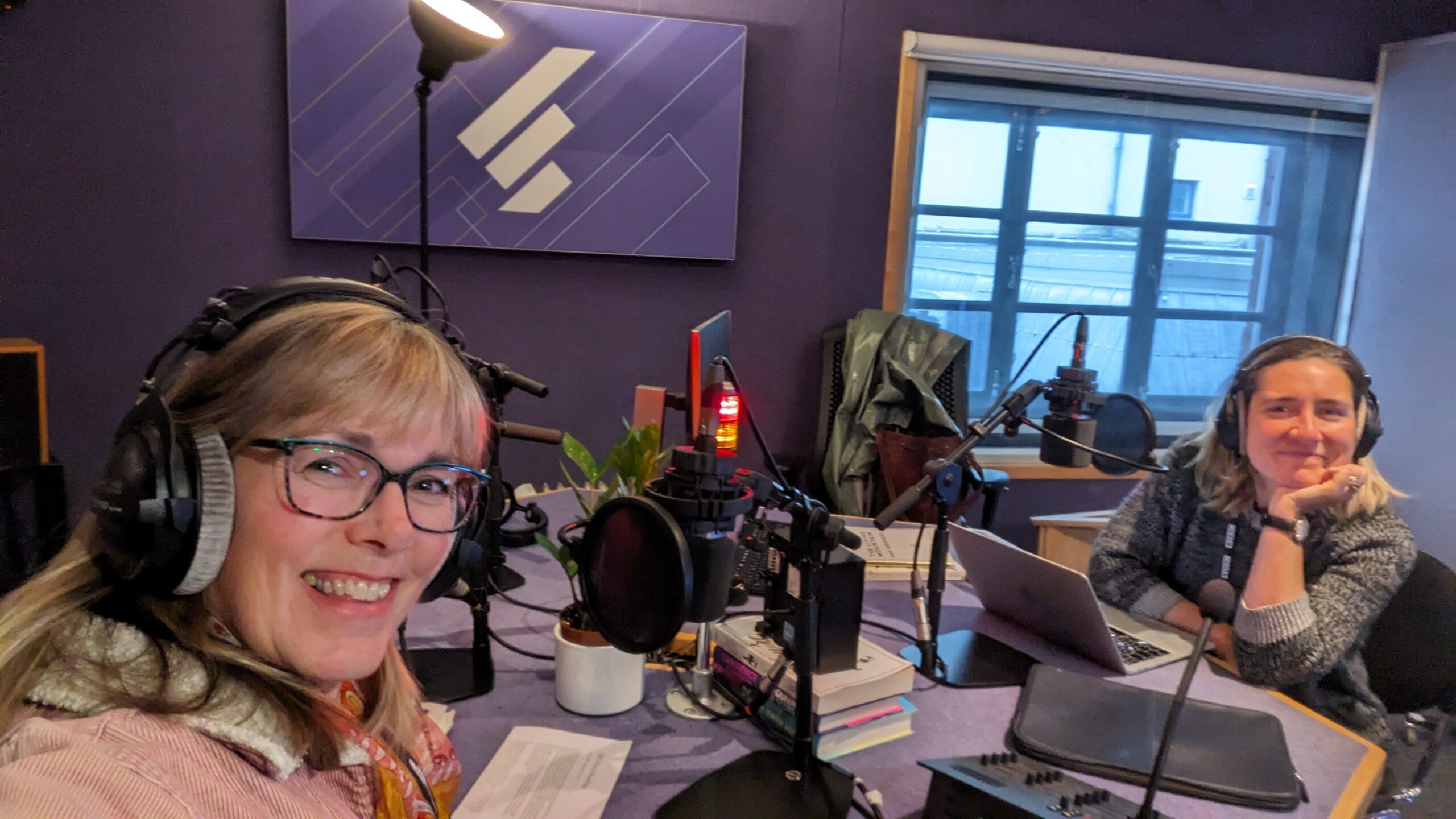 Merryn Glover in BBC recording studio with presenter Kate Molleson