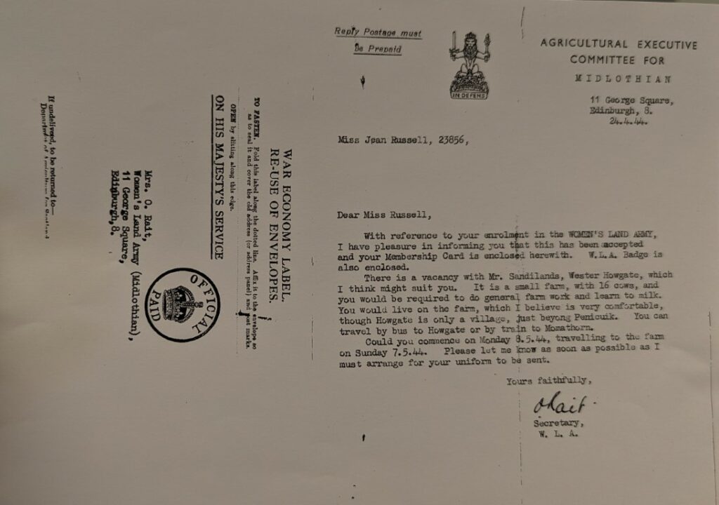 letter from Womens Land Army office with notice of posting